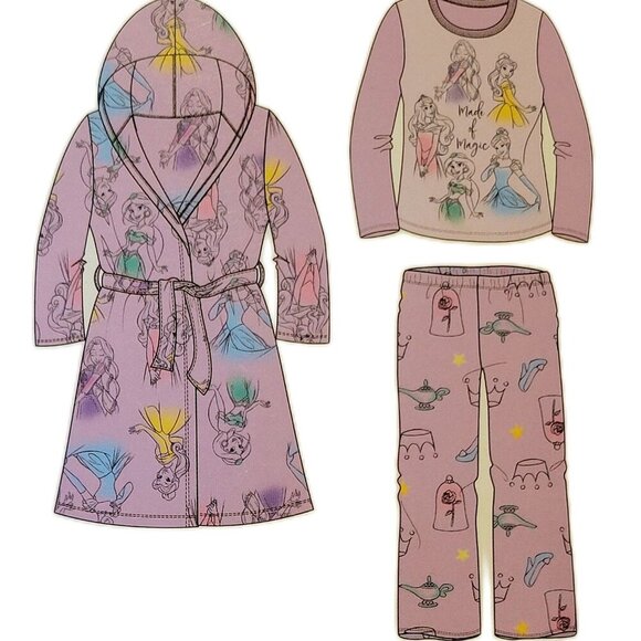 Disney Other - New Disney Princess Character Girl's Plush Pink Hooded Fleece Robe & Pajama SeT